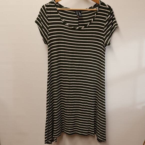 TMG Dress Olive White Stripe Asymmetric Hem Cap Sleeve Round Neck SZ Large - Picture 1 of 12